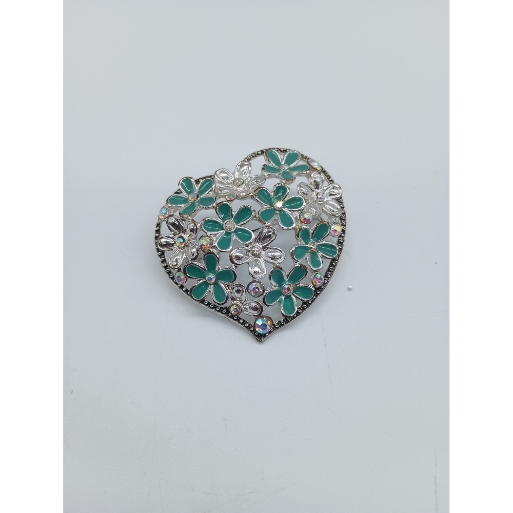 Teal Green Enamel Flower Heart Brooch Silver Tone Iridescent Rhinestone Pin